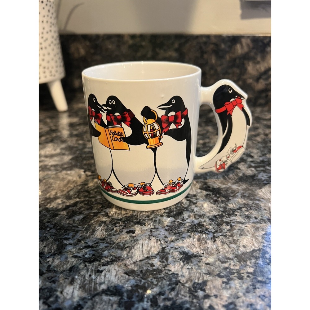 VTG The Love Mug Collectible Christmas Coffee/Tea Mug Caroling Penguins Korea